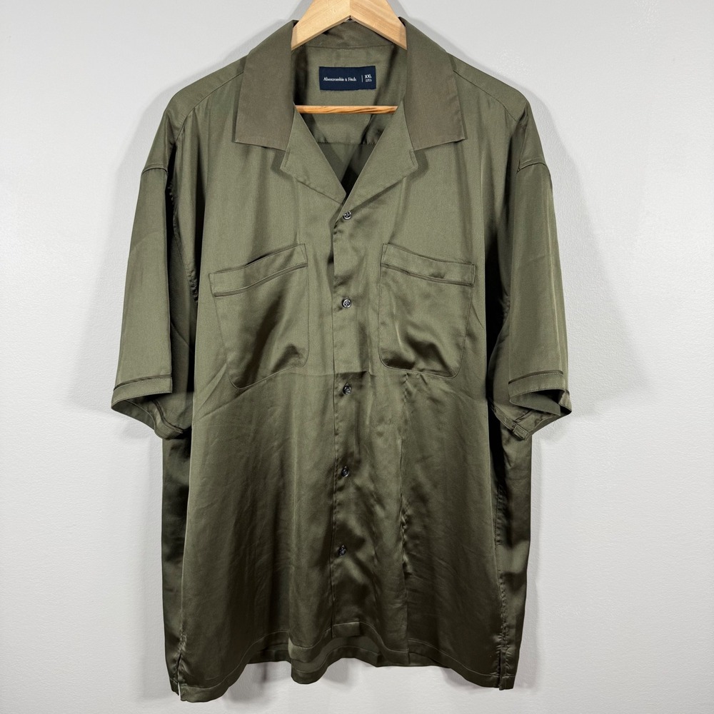 Abercrombie & Fitch Satin Camp Collar Button Up Shirt Olive Green - Size XXL